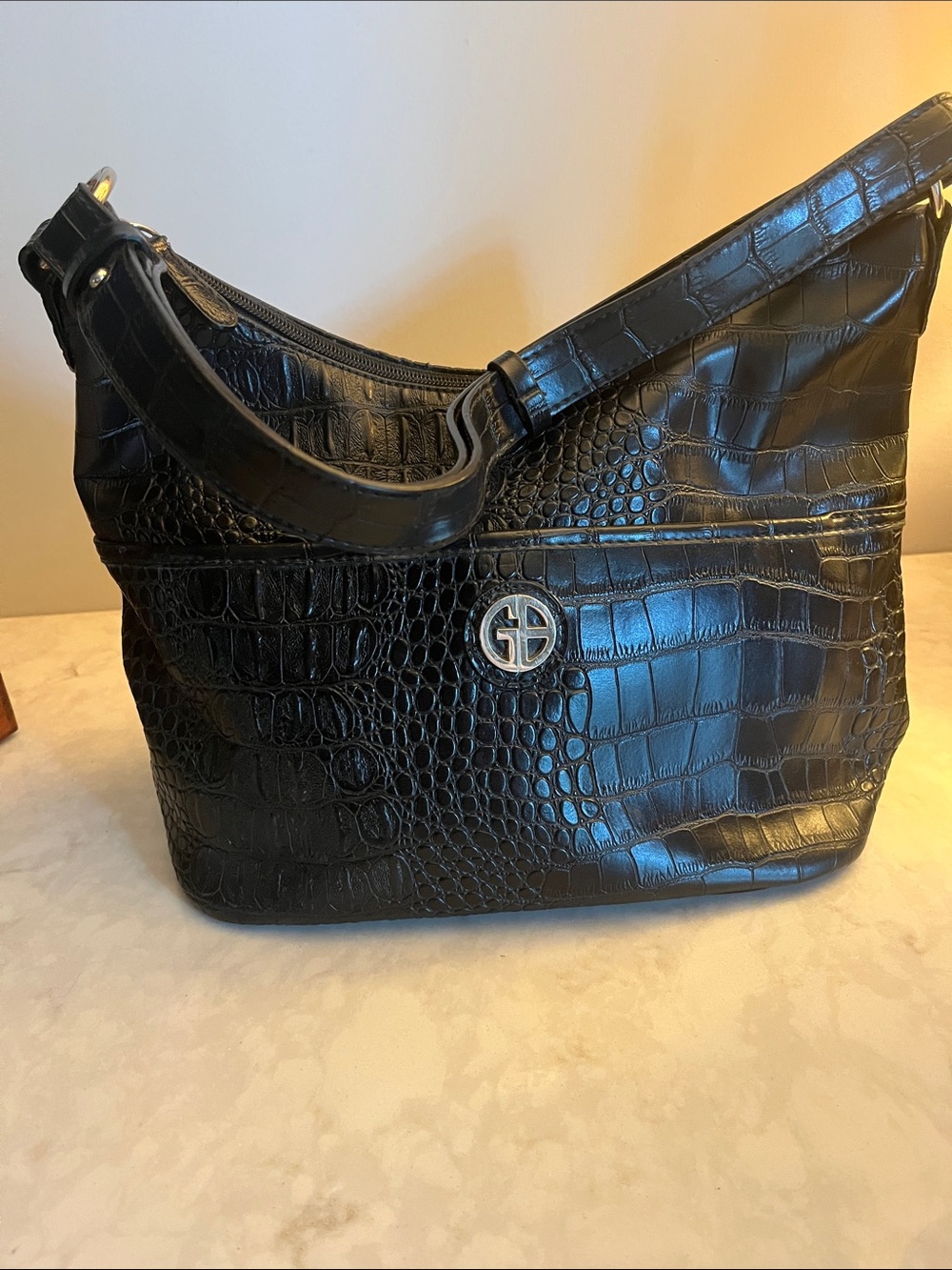 Giana Bernini vintage leather Crocodile Embossed Hobo Bag in black.